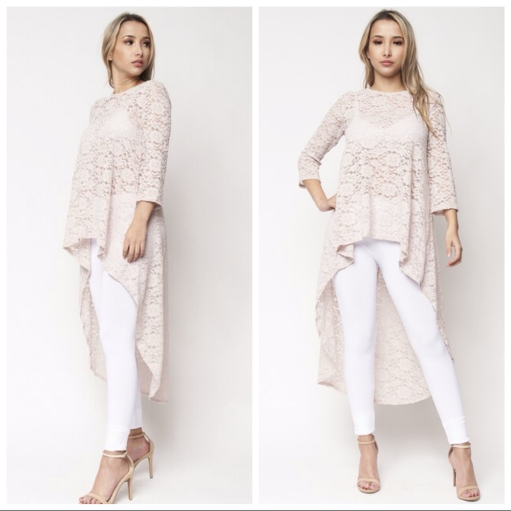 ❤️NEW S High Low Taupe Cream Lace Top - Picture 1 of 10